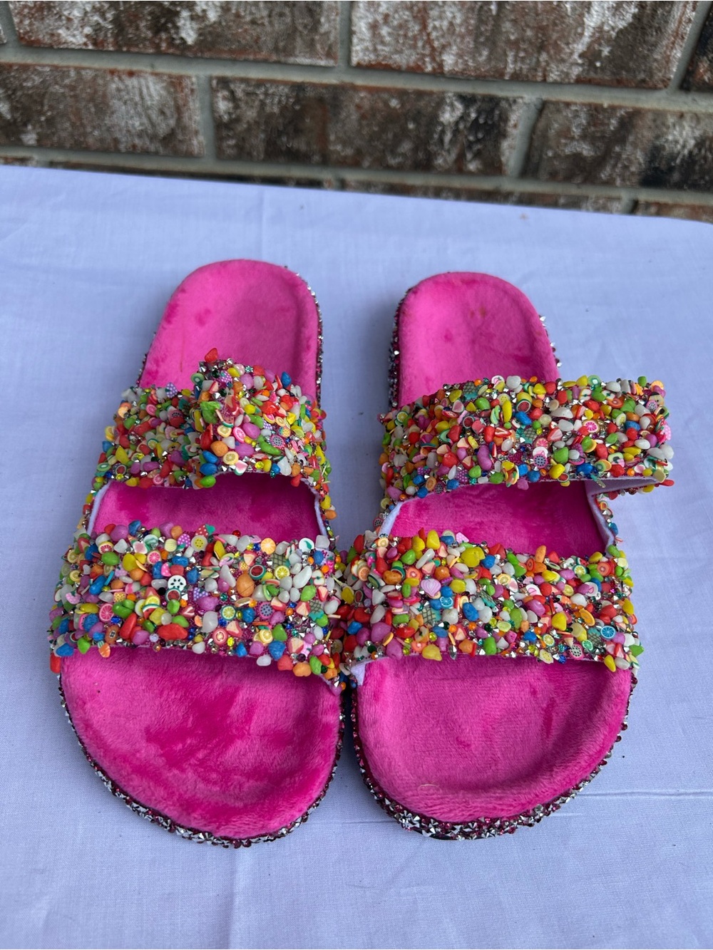 Beaded Slide Sandals with Fruit Embellishments